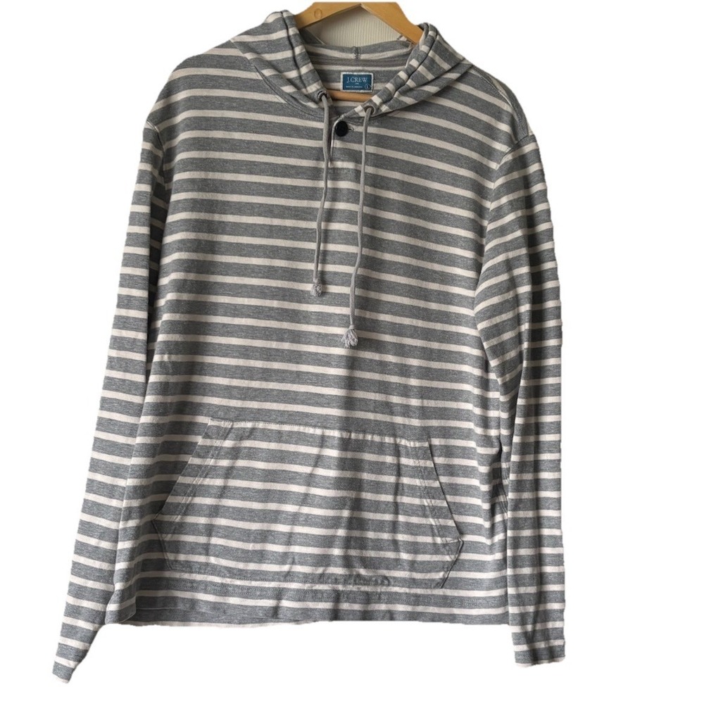 J. Crew Hoodie Men Sz L Gray Stripe Pullover Henley Sweatshirt Size 100% Cotton